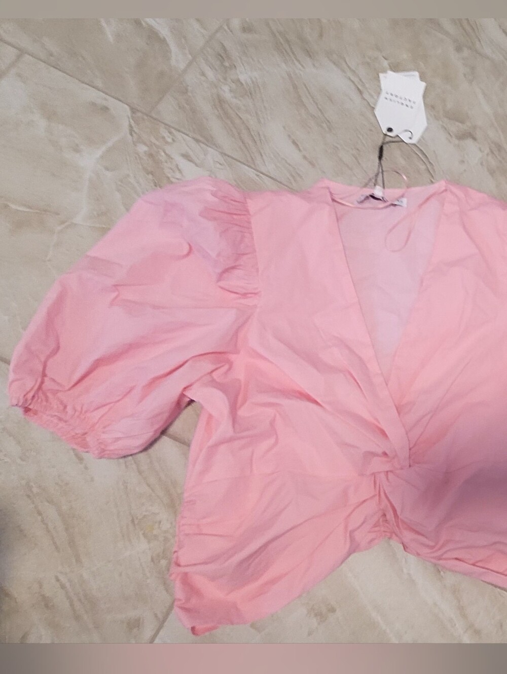English Factory Pink Twist-Front Puff Sleeve Top